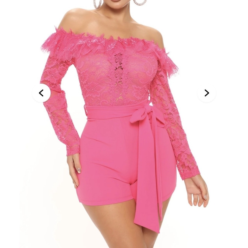 Fashion Nova Lost In Lace Pink Romper Off Shoulder Lace Belted‎ Long Sleeve 1XL